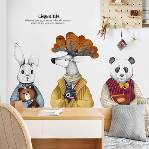 Cartoon Animals Wall Stickers for Kids Room Baby Nursery Room Decoration Wallpaper Rabbit Bear Deer PVC Wall Decals
