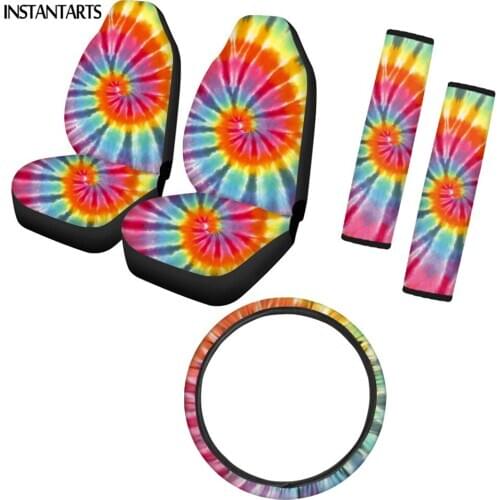INSTANTARTS Color Tie Dye Printed Set of 5 Car Seat Covers Car Protector Steering Wheel Cover Soft Car Seatbelt Shoulder Strap