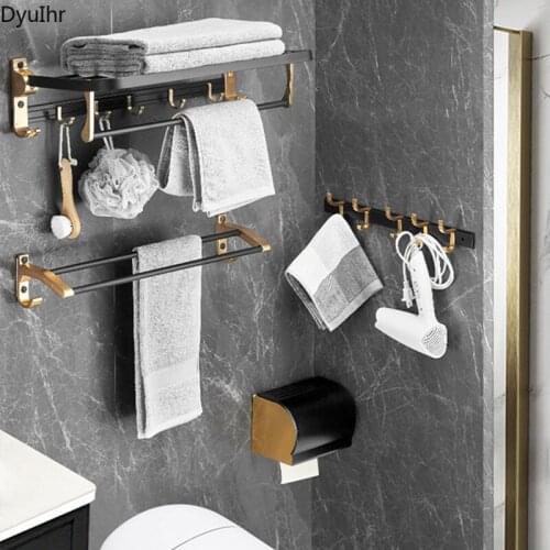 DyuIhr golden wall-mounted bathroom accessory set, space bathroom tissue rack, black gold double towel rack, coat hook
