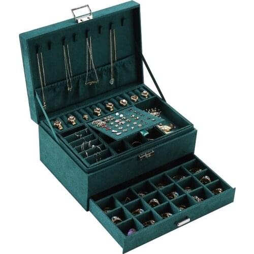 2021 New Green 3-Layer Flannel Jewelry Organizer Necklaces Earrings Rings Display Holder Case for Women Large Capacity