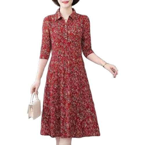 2021 New Mother Dress Summer Floral Dress Shirt Collar Mid-Long large size Dresses M-6XL Was Thin Middle Aged Womens Clothing