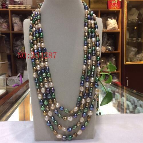 New natural freshwater pearl 8-9MM irregular shaped multicolored pearl necklace 100 inches