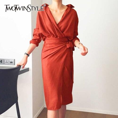 TWOTWINSTYLE Autumn Womens Dresses Long Sleeve Bandage V Neck High Waist Midi Shirt Dress Female Elegant Fashion Korean 2019