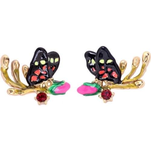 European and American Style Rose Series Black Small Butterfly Rose Bud Flower Branch Earring Stud Earrings Insect Series Earring