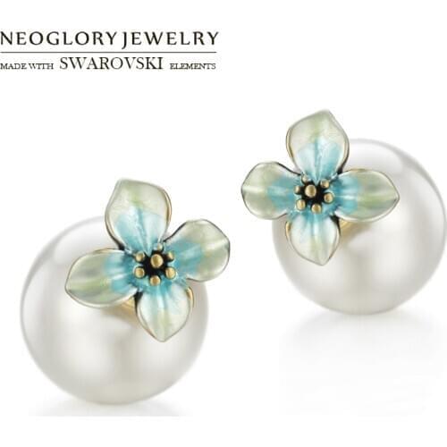 Neoglory Simulated Pearl & Enamel Earrings Jackets Colorful Flower Stylish Elegant Design For Lady Classic Sale Gift