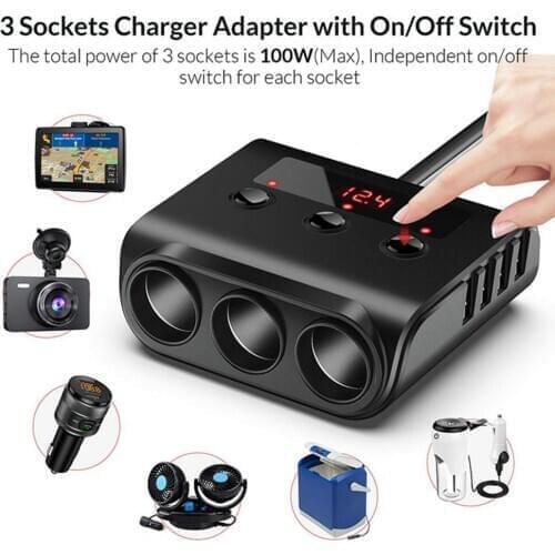 TR12 USB Car Adapter Convenient Independent Power Switch 100W Extended 4-port Charger for 12-24V Vehicles Multifunction Adapter