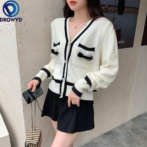 2021 Autumn and Winter French Style Small Fragrance Temperament Bow Contrast Color Loose Knit Cardigan Single-breasted Sweater