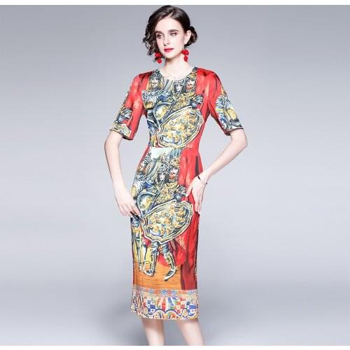 2021 New Women Dresses O-Neck Mid-Calf Printing Elegant Women Dresses A-LINE Office Lady Party Night Short Women Summer Dresses