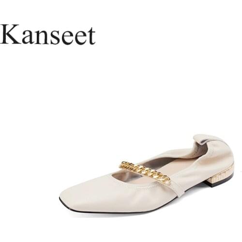 Kanseet New 2021 Female Shoes Spring Autumn Metal Chain Genuine Leather Classics Handmade Pumps Square Toe Shallow Low Heels