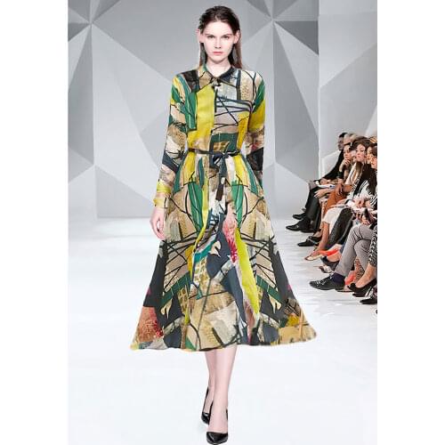 Chiffon Long Dress 2021 Runway Turn Down Collar Long Sleeve Bow Sashes Party Evening Maxi Dresses Woman Summer Clothing M69507