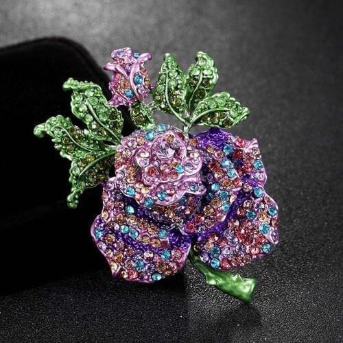 Zlxgirl colorful Rhinestone Crystal Rose Flower brooch Women Best Wedding Accessories Enamel Pin Brooch womens scarf pins joias