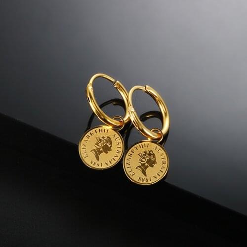 ZMFashion Round Portrait Elizabeth Coin Earrings For Women Simple Vintage Gold Plated Stainless Steel Personality Ear Jewelry