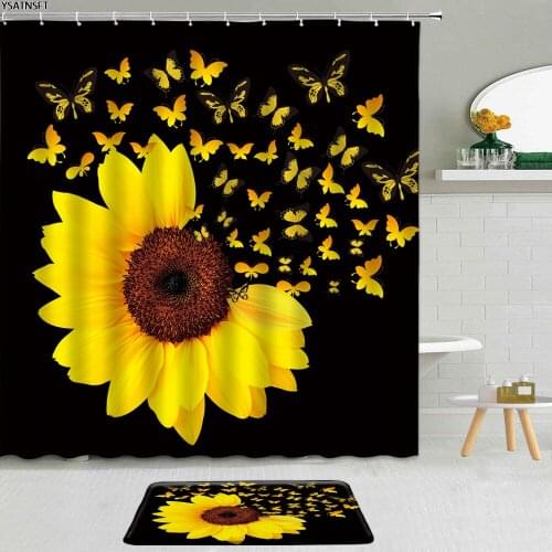 2Pcs Creative Fantasy Sunflower Shower Curtain Flower Butterfly Floral Green Leaf Fabric Non-Slip Bath Mat Bathroom Curtains Set