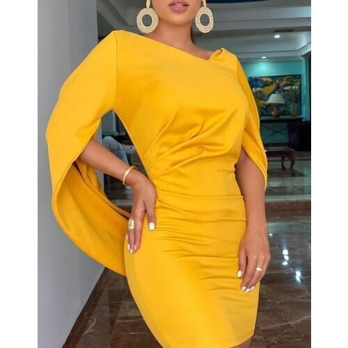 2020 Autumn Spring Women Fashion Elegant Patchwork Solid V Neck Plain Cloak Design Ruched Bodycon Mini Dress Formal & Gown