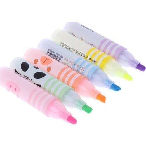 6 Colors Cute Animals Panda Cat Mini Highlighter Paint Marker Pen Drawing Liquid Chalk Stationery School Office Supply