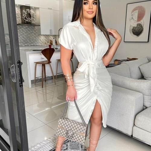 Glossy Satin Bodycon Shirt Dress Women Elegant Button Turn-down Collar Ruched Knee-length Midi Dress Sexy Club Party Dress Belt