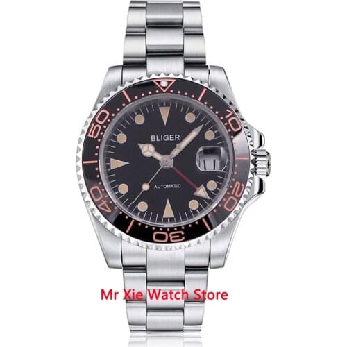 Bliger 40mm Automatic Mechanical Men Watch Luxury Sapphire Crystal Vintage Clock GMT Watch Luminous Waterproof Wristwatch Men