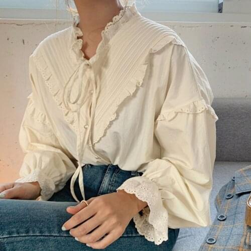 Blouse 2021 Korean Version Japanese Retro Lace Fold Stitching Long-sleeved Shirt Solid Color Single-breasted Fashion Casual