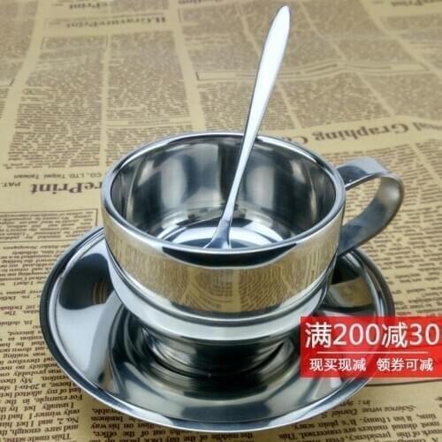 Double layer stainless steel coffee cup suit restaurant milk tea water cup tray spoon set
