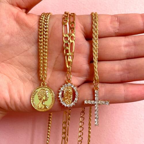 Flatfoosie Boho Trendy Coin Portrait Pendant Necklace For Women Multi-layer Golden Cross Crystal Clavicle Chain Necklace Jewelry