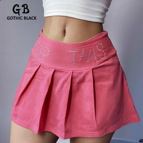 Gothblack Sexy Tap This Rhinestone Letter High Waist Skirt Women Zipper Slim Mini Pleated Skirt Pink Simple Streetwear Clothing