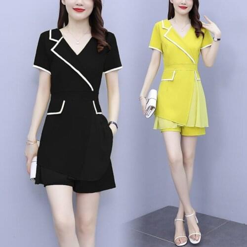 Plus Size Womens 2021 Summer Fashion Shorts Two Piece Suit Korean Slim Short Sleeve Spliced Shirt Shorts Office Lady Set zh732