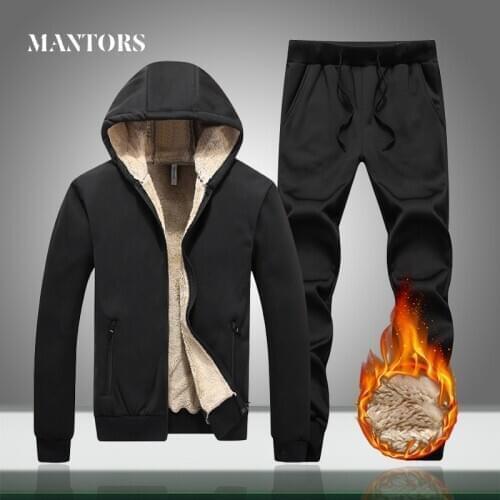 Winter Thick Men Casual Tracksuit Sportswear Zipper Mens Hooded Sets Jackets+Pants Warm Plus Velvet Sports Suit 2PCS Solid Color