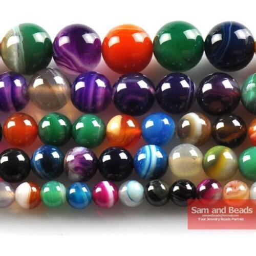 Free Shipping Natural Stone Mixed Color Stripe Agata Round Loose Beads 4 6 8 10 12MM Pick Size For Jewelry Making SAB52