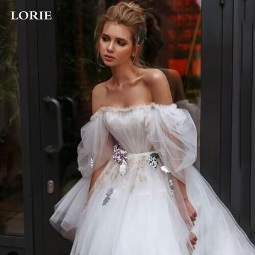 LORIE A Line Fairy Short Wedding Dresses Off The Shoulder Puff Sleeve Bride Dresses Flowers Wedding Gown Custom Made