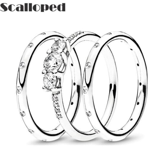 SCALLOPED Fashion Clear CZ Three Stone Wedding Rings Women Simple Sparkling Zircon Stackable Band Couple Engagement Jewelry