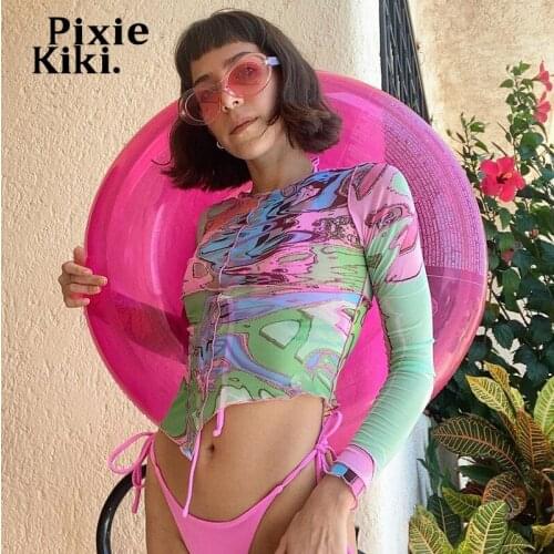 PixieKiki Trendy Printed Sheer Mesh Long Sleeve Crop Top Asymmetrical Contrast Stitch Womens Tshirts Sexy Graphic Tee P85-AD10