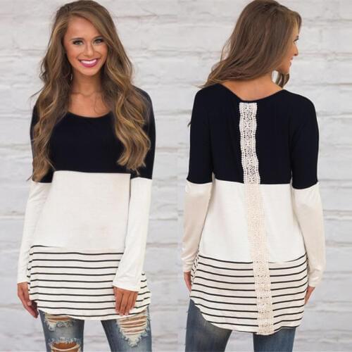 New Womens Tops and Blouses 2018 Fashion Back Lace Blouse Striped Long Sleeve Blouse Tunic Shirt Jumper Top Blusas Femininas