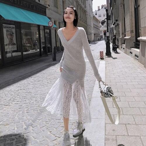 8641 designers hollow New out lace flowers knitted gray split the dress