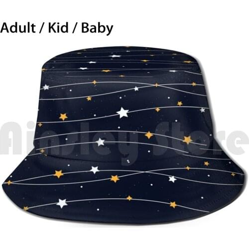 Blue Stars Bucket Hat Sun Hat Foldable UV Protection Landscape Moon Night Sky Clouds Blue White Black Grunge