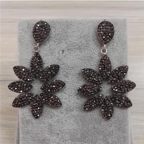 Fatsia leaf of plant metal pendants charms paved black rhinestone 6.2cm in total dangle earring for women