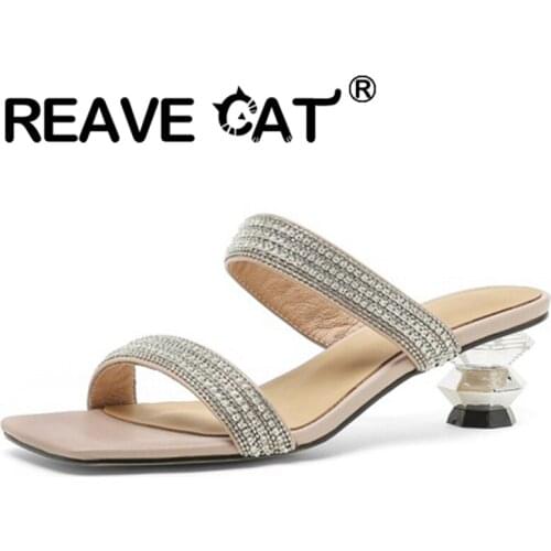 REAVE CAT 2021 Summer Sandals Open Toe Rhinestone 4.5cm High Crystal Strange Heels Slip-On Slingbacks Mules Shoes Pink