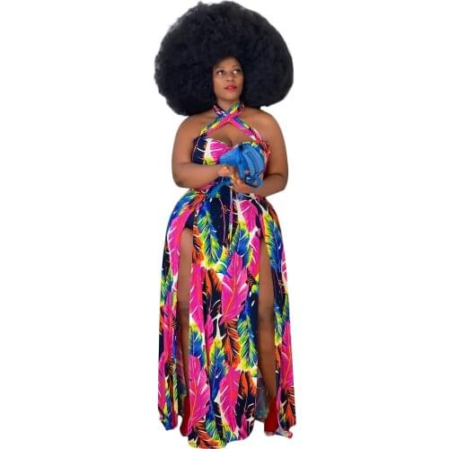 Sexy Sleeveless Open Fork Hang A Neck Printing Summer Dresses For Women Casual Style Plus Size 4XL