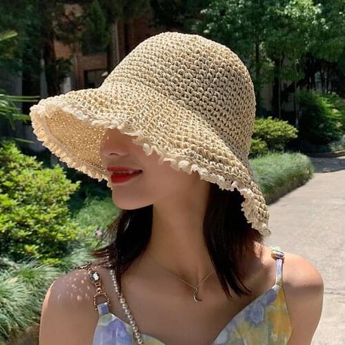 New Summer Straw Hats for Women Retro Lace Hat Brim Hand-made Anti-UV Ladies Outdoor Sun Hat Beach Panama Foldable Female Visors