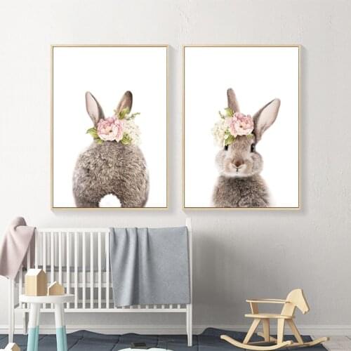 Nordic Pictures Art Lovely Rabbit with Flower Baby Room Decor Canvas Prints Dropshipping Suppliers Home Decor Canvas Painting