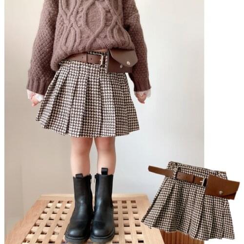 2020 Autumn and Winter New Girls Skirts Plaid Skirt with Belt A-line Skirt