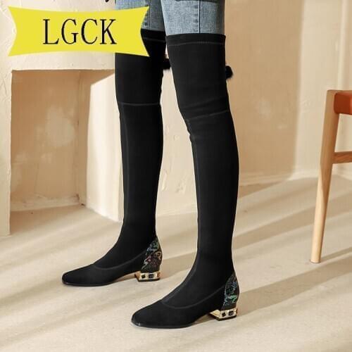 Big Size 34-39 Winter Over The Knee Boots Women Stretch Fabric Thigh High Sexy Woman Shoes Long Bota Feminina Quality Flock Boot