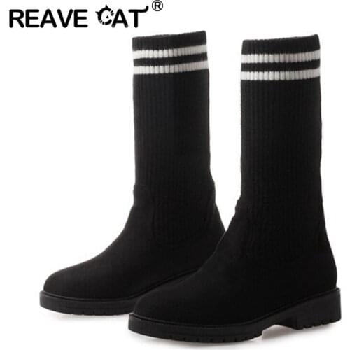 REAVE CAT Woman Boots Long Tube Socks Shoes 2021 New Female Fashion Flat Shoes for Women Basket Winter Boots Female Shoes Women