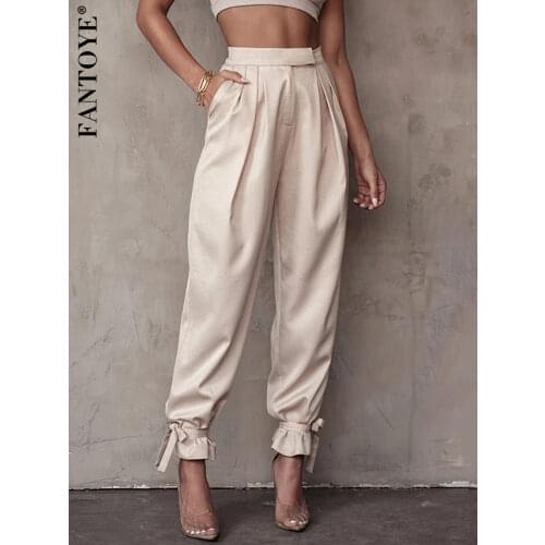 FANTOYE Satin Lace Up High Waist Harem Pants Zipper Women Autumn Pleated Loose Pockets Long Trousers Casual Office Ladies Pant