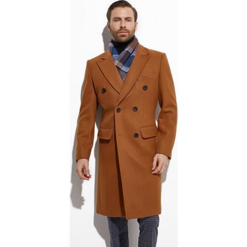 2020 Winter Caramel Color Topcoat Custom Made Heavy Warm Wool Blend Tailored Slim Fashion Dark Brown Trench Coat