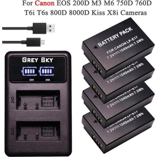 4Pcs LPE17 LP E17 LP-E17 Battery + LCD USB Dual Charger for Canon EOS 200D M3 M6 750D 760D T6i T6s 800D 8000D Kiss X8i Cameras