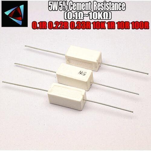 2pcs 5W Cement resistance 0.1 ~ 10k ohm 5% 0.22 0.33 0.5 1 10 100 1K 10K ohm 0.1R 0.22R 0.33R 0.5R 1R 10R 100R