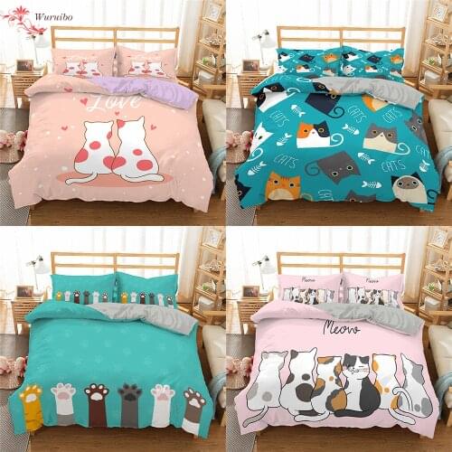 Homesky Bedding Set Cartoon Cat Duvet Cover Bedding Cover 2/3pcs Printing Comforter Cover Pillowcas Adult Kid Size Bedroom Decor