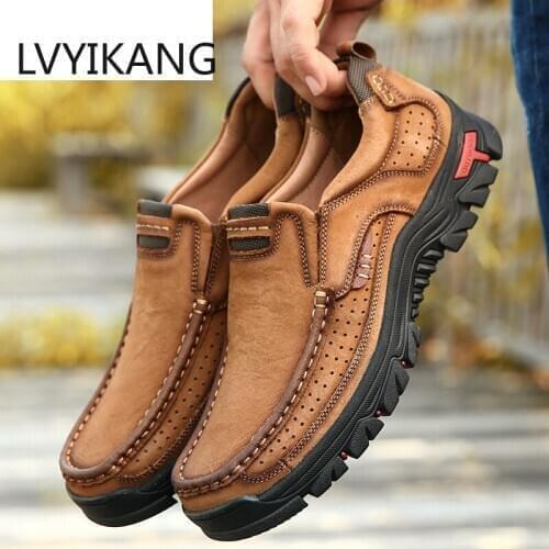 2020 Hot Men Comfortable Non-Slip Hiking Shoes First Layer Cowhide Leather Sneakers Men Breathable Hiking Boots Big Size 38-48