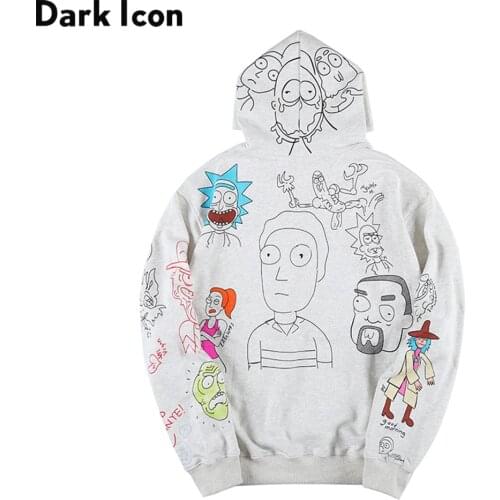 Dark Icon Cartoon Graffiti Mens Hoodie Pullover Terry Cotton Hip Hop Sweatshirts and Hoodies Grey