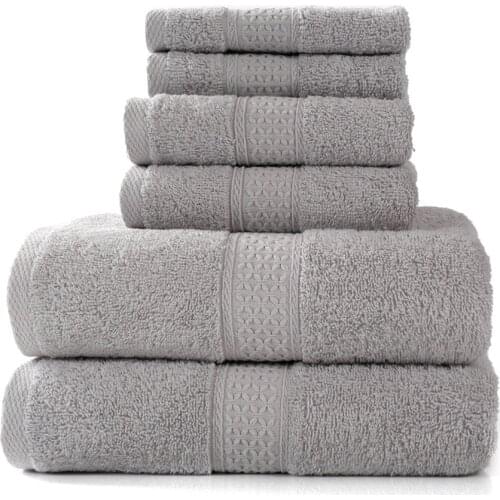 6PCS Towel Set Hand Face Bath Towels Solid Color Cotton for Adults Strong Water Absorption Simple Plain Bathroom Shower Towels